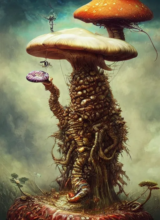 Prompt: giant catepillar smoking a water pipe sitting on a giant mushroom,highly detailed,cinematic,Tarot card,8k,by Stanley Artgermm,Tom Bagshaw,Greg Rutkowski,Carne Griffiths, Ayami Kojima, Beksinski, Giger,trending on DeviantArt,hyper detailed,horror, full of colour