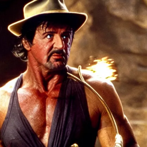 Image similar to sylvester stallone as indiana jones with a whip in his hand, holding a golden mayan skull, in a cave full of traps