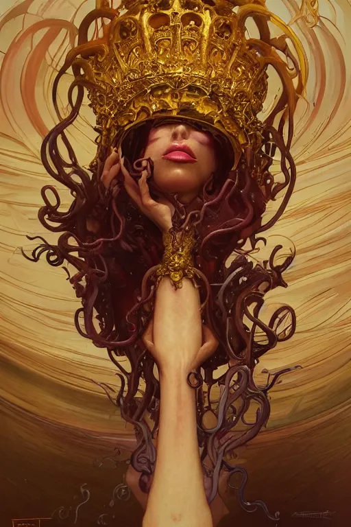 Image similar to Lady Gaga , a golden crown floating above his head, tentacles coming out the ground art by Artgerm and Greg Rutkowski and Alphonse Mucha and Craig Mullins and James Jean and Andrei Riabovitchev and Marc Simonetti and peter mohrbacher, sharp focus, ominous, cosmic horror, trending on artstation, Ultra detailed, hyper realistic 4k