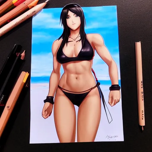 Prompt: beautiful tifa from final fantasy in a bikini on the beach making eye contact drawn by artgerm