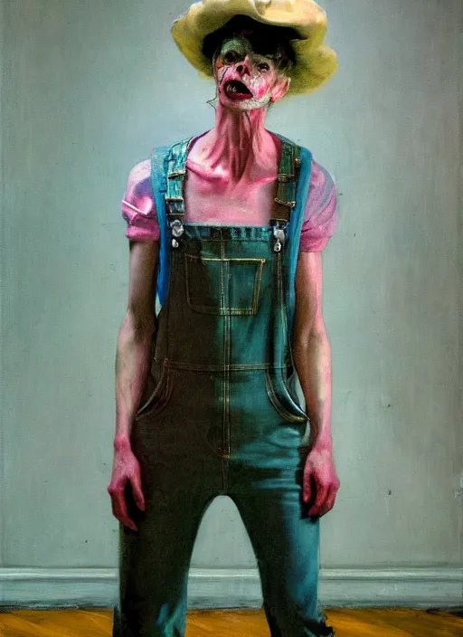 Prompt: an expressive skinny artist wearing overalls fighting with a ghost, inside a grand studio, depth of field, hauntingly surreal, highly detailed oil painting, by francis bacon, edward hopper, adrian ghenie, glenn brown, soft light 4 k, green and pink colour palette, cinematic composition, cinematic lighting, high quality octane render, masterpiece