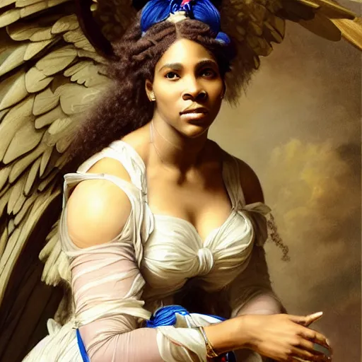 Image similar to Portrait of Serena Williams with wings as Nike Goddess, large wings, luxuriant, dreamy, eternity, romantic, strong pose, highly detailed, in the style of Franz Xaver Winterhalter, highly detailed, in the style of Aetherpunk