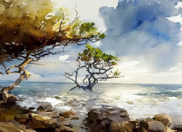 Prompt: abstract watercolor painting of wild wavy ocean, oak trees, rocky shore, sunshine, art by anders zorn, wonderful masterpiece by greg rutkowski, beautiful cinematic light, american romanticism by greg manchess, creation by tyler edlin