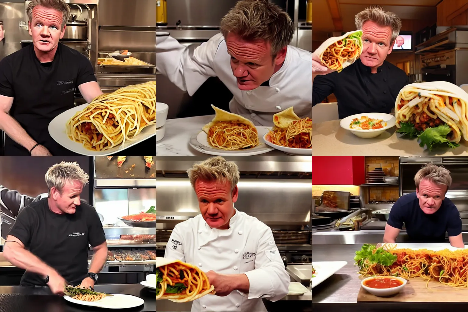 Prompt: <photo hd trending>Gordon Ramsey reviews spaghetti burrito</photo>