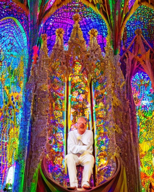 Prompt: King sitting in an iridescent throne designed by Gaudi (inspired by Sagrada Familia), bokeh, long shot