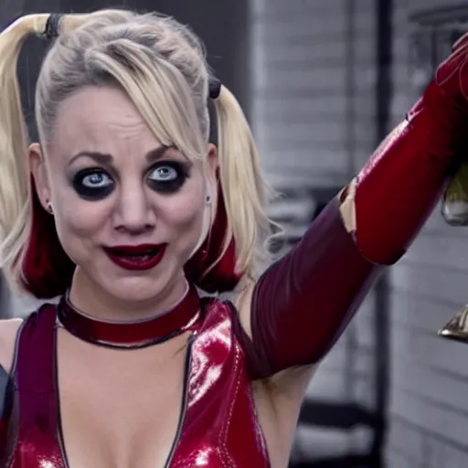 Image similar to A still of Kaley Cuoco as Harley Quinn