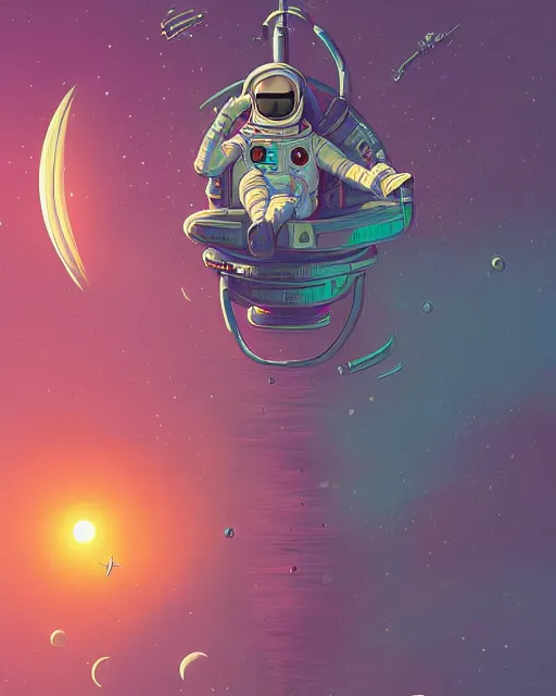 Image similar to an cosmonaut lie relaxed on a crescent moon between the stars and the planets in outer space, cosmonaut post grunge concept art,high detail,4k, trending on artstation by josan gonzalez and tyler edlin