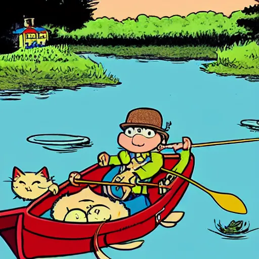 Image similar to cartoon cat fishing in a river while in a boat, cartoon network, illustrated by Bill Watterson in stunning color