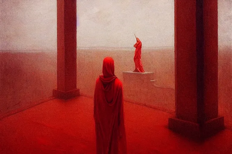 Image similar to only with red, caesar after war, the great deal, a red tiger, in hoc signo vinces, rome in background, an ancient path, in the style of beksinski, part by hopper, part by rodcenko, part by hofbauer, intricate composition, red by caravaggio, insanely quality, highly detailed, masterpiece, red light, artstation