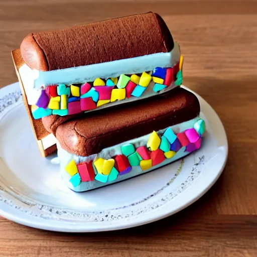 Prompt: an ice cream sandwich made out of gems and high quality wood,