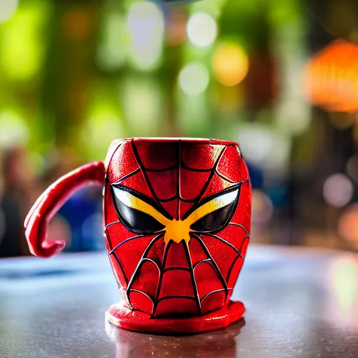 Prompt: a closeup photorealistic photograph of a spider man style tiki mug on a trader vic's bar featuring the face of spider man. tiki theme. bright scene. fine detail. this 4 k hd image is trending on artstation, featured on behance, well - rendered, extra crisp, features intricate detail, epic composition and the style of unreal engine.