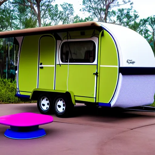 Prompt: Camper Trailer Parked at Disney World Campground, In the Style of a 1990s Disney Animated Movie