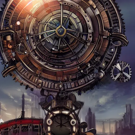 Image similar to giant mechanical rose, city, steampunk, fantasy art, sky in the background, detailed, behrens style