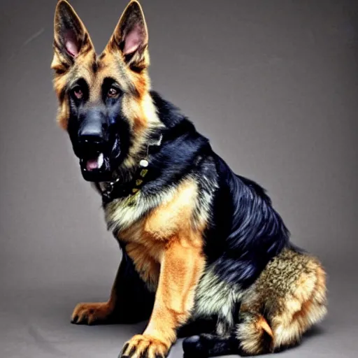 Prompt: a german shepherd beast - man, wearing military outfit, sitting on an armchair