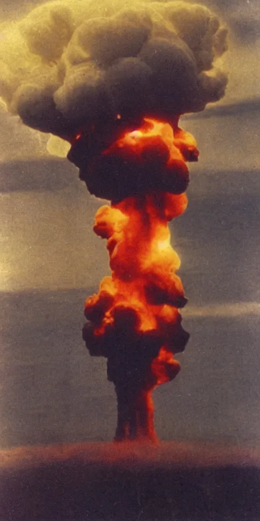 Prompt: a highly detailed and stunning autochrome photograph of an atomic bomb explosion with mushroom cloud, 8K