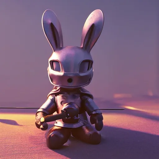 Prompt: bunny with helmet and sword, dramatic lighting cinematic establishing shot extremely high detail foto realistic cinematic lighting post processed