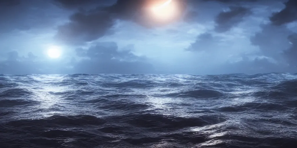 Prompt: ocean night projection, octane render, unreal engine, matte painting