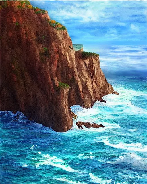 Image similar to “a beautiful vista, a cliff side overlooking the sea, award winning photorealistic painting, award winning digital art”