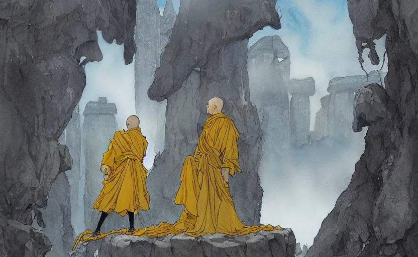 Prompt: a hyperrealist anime watercolor fantasy concept art of a giant monk with a grey robe and a small grey alien with a yellow robe in stonehenge on a misty night. several immense stones are floating in the air. by rebecca guay, michael kaluta, charles vess