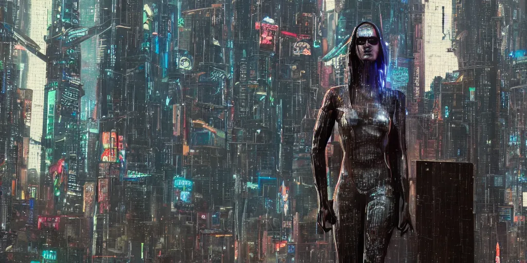 Image similar to cyberpunk statue, rain, space