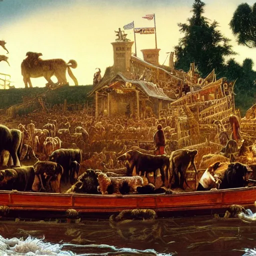 Prompt: an extremely detailed matte painting of the animals leaving noah's ark, 4 k, noah's ark, antediluvian, by bob ross and norman rockwell