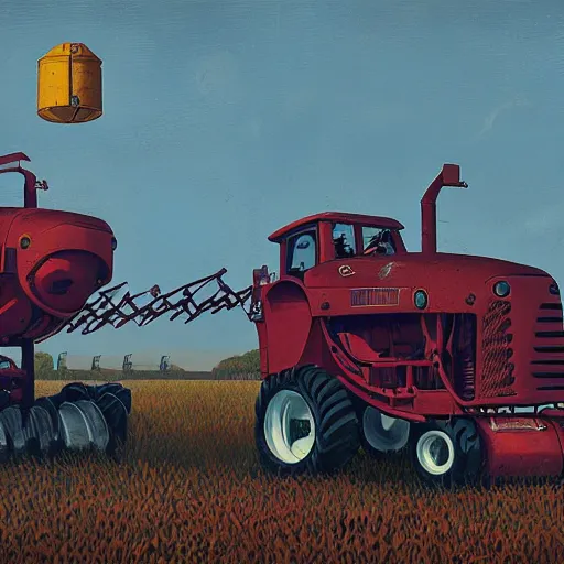 Image similar to farm tractors revolution, machine revolution, art by simon stalenhag