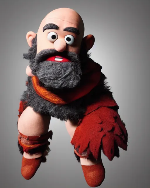 Image similar to kratos as a muppet. highly detailed felt. hyper real photo. 4 k.