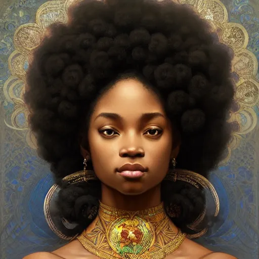 Image similar to portrait of an afro goddess, intricate, elegant, highly detailed, digital painting, artstation, concept art, smooth, sharp focus, illustration, art by artgerm and greg rutkowski and alphonse mucha and william - adolphe bouguereau