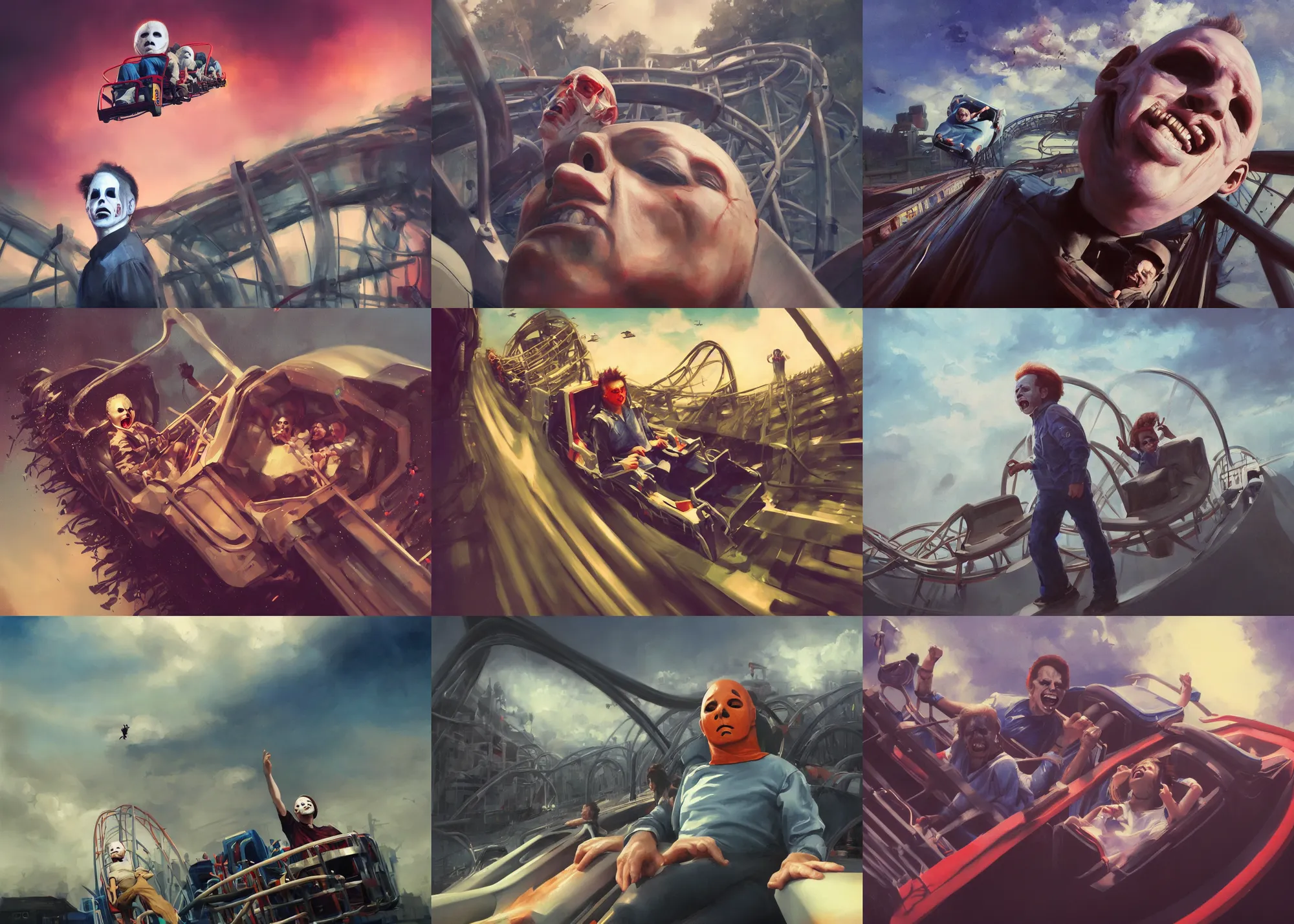 Image similar to portrait painting of Michael Myers having fun in a roller coaster, beautiful sky, sunny, happy, sharp focus, wide shot, trending on ArtStation, masterpiece, by Greg Rutkowski, clear facial features, by Ross Tran, by Fenghua Zhong, octane, soft render, oil on canvas, colorful, cinematic, environmental concept art