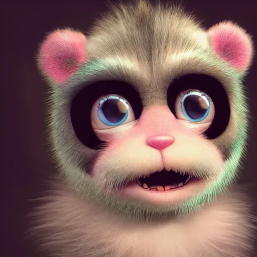 Image similar to a cute little baby monster with long fur, portrait, pixar style, extremely realistic photo, heaven background, cinematic lighting, award winning creature portrait photography