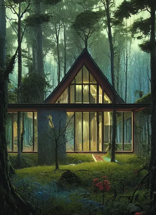 Image similar to hyper realistic witchy modern house with mood lighting and tech in the woods gorgeous lighting, blue sky, highly detailed, lush forest foliage painting by zdzisław beksinski and norman rockwell and greg rutkowski weta studio, and lucasfilm