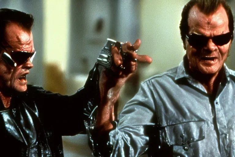 Image similar to Jack Nicholson plays Terminator, scene where his endoskeleton gets exposed, still from the film