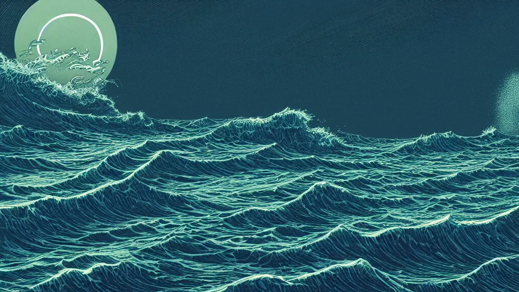 Image similar to highly detailed illustration of high exposure ocean waves at night by moebius, nico delort, oliver vernon, kilian eng, joseph moncada, damon soule, manabu ikeda, kyle hotz, dan mumford, otomo, 4 k resolution