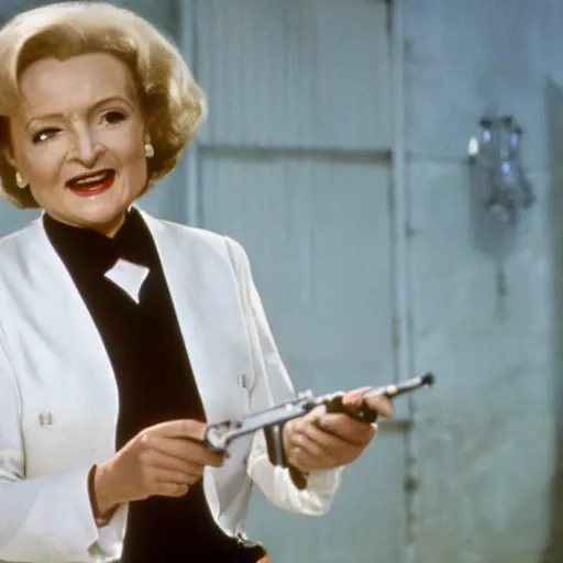 Prompt: movie still of Betty white playing 007 in James Bond, 4k, ultra high res