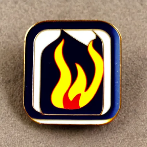 Prompt: a square enamel pin of a retro minimalistic fire flame warning label, smooth curves