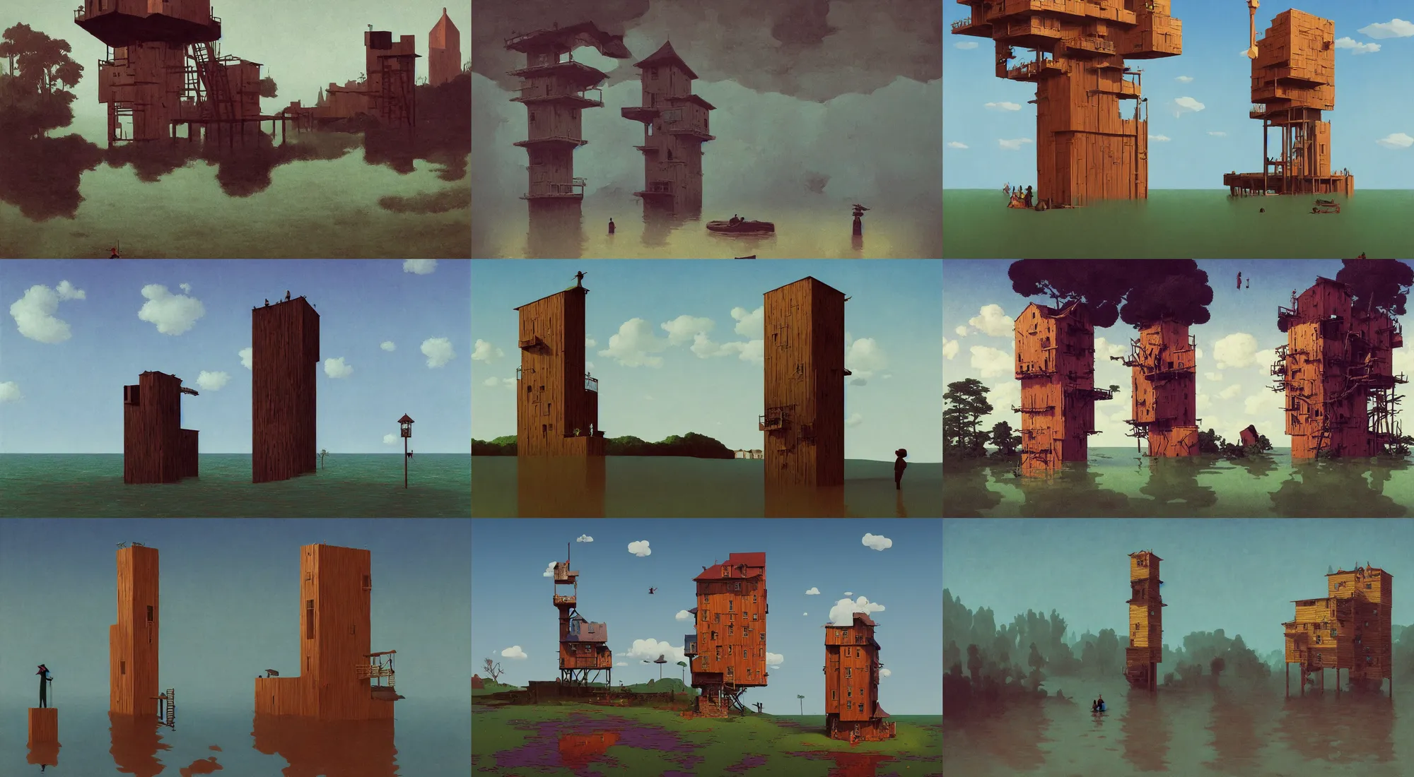 Prompt: single flooded simple falling wooden tower, very coherent and colorful high contrast!! masterpiece by rene magritte simon stalenhag carl spitzweg syd mead norman rockwell edward hopper james gilleard, minimalist, dark shadows, sunny day, hard lighting