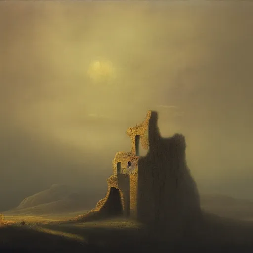 Image similar to ruined tower atop a hill, painting, john martin, Zdzisław Beksiński, masterpiece, landscape, moody, atmospheric