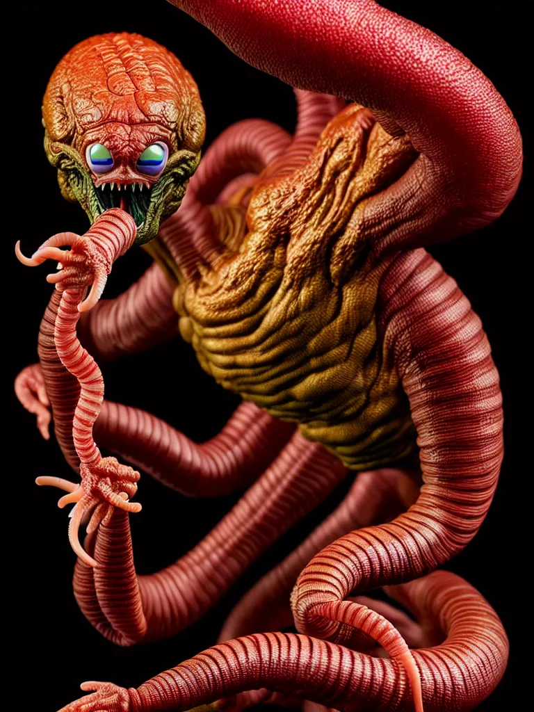 Image similar to hyperrealistic rendering, earthworm by bernie wrightson and killian eng and joe fenton, product photography, action figure, sofubi, studio lighting, colored gels, colored background