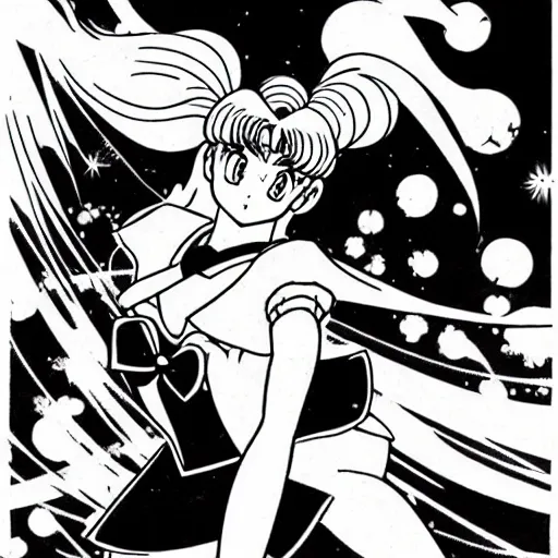 Image similar to sailor moon, highly detailed, illustrated by akira toriyama, manga, black and white illustration