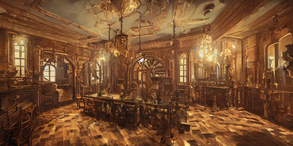 Image similar to steampunk mansion hall interior, colorful, contrast, depth of field, 3 d scene, render, greg rutkowski, zabrocki, karlkka, jayison devadas, trending on artstation, 8 k, ultra wide angle, zenith view, pincushion lens effect