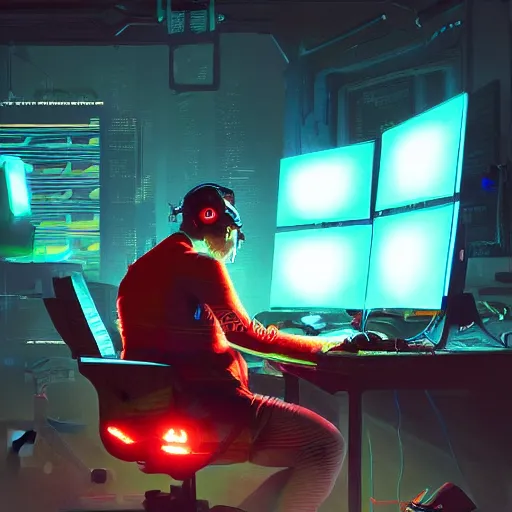 Prompt: a vibrant artstation illustration of a tech savy man typing away at a computer workstation, room illuminated by workstation monitor, speaker monitors, cyberpunk, by greg rutkowski,