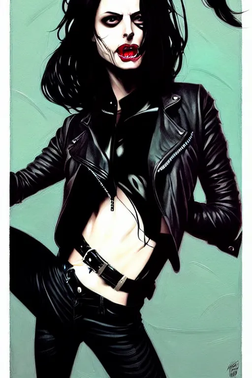 Image similar to rafael albuquerque comic art, peter mohrbacher, phil noto, steve niles, artgerm, pretty willa holland vampire sharp vampire teeth open mouth, symmetrical eyes, black leather jacket, jeans, long black hair