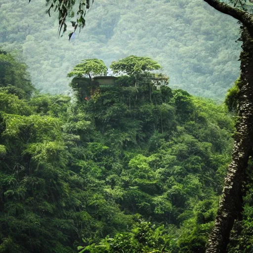 Image similar to a building in a stunning landscape, jungle