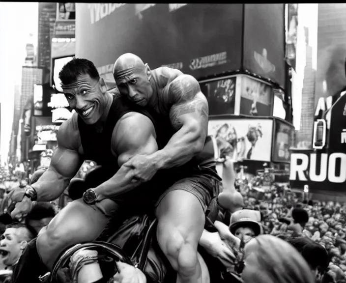 Image similar to Dwayne the Rock Johnson riding on the back of Adam Sandler, doing Methamphetamine at Times Square, photograph by Alfred Eisenstaedt, 4K, dramatic lighting; 4K 8K