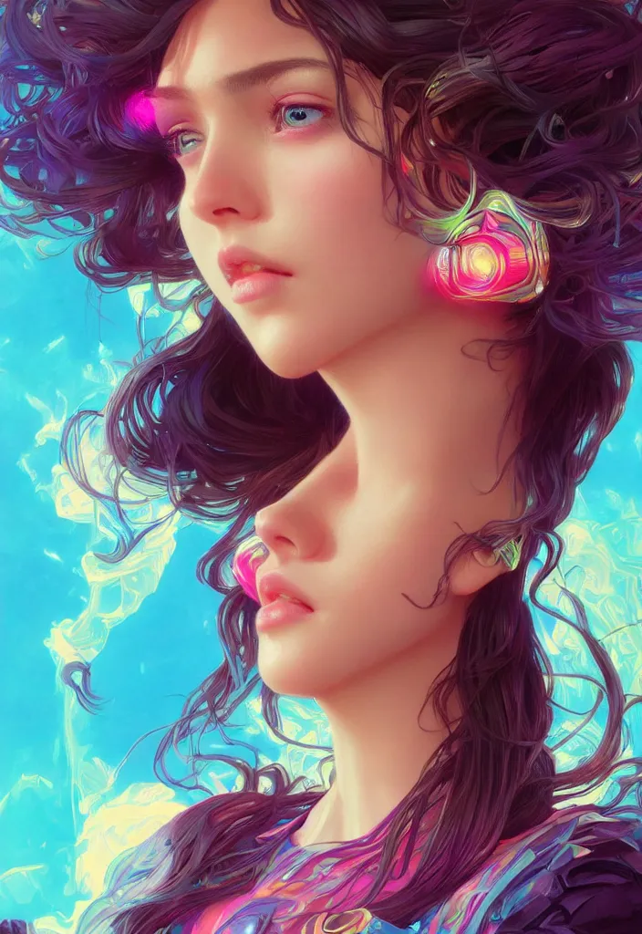 Image similar to beautiful, young woman, detailed gorgeous face, vaporwave aesthetic, synthwave, colorful, psychedelic, artstation, concept art, smooth, extremely sharp detail, finely tuned detail, ultra high definition, 8 k, unreal engine 5, ultra sharp focus, illustration, art by artgerm, greg rutkowski and alphonse mucha