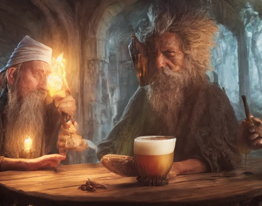 Prompt: old sage wizard drink beer from wooden cup in fantasy tavern, realistic fingers, realistic body, realistic clothing, beautiful texture, beautiful graphics, fantasy artwork, very beautiful scenery, hd, hdr, ue 5, ue 6, unreal engine 5, cinematic 4 k wallpaper, 8 k, ultra detailed