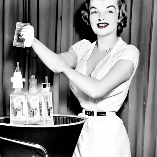 Prompt: a vintage photograph of a 1 9 5 0 s house wife washing dollar bills with detergent