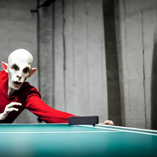 Prompt: portrait of nosferatu playing alone ping pong, sport photography