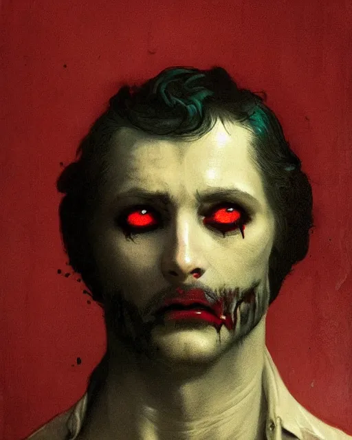 Prompt: a handsome but sinister and creepy man in layers of fear, with haunted eyes, violence in his eyes, 1 9 7 0 s, seventies, delicate embellishments, a little blood, crimson, painterly, offset printing technique, by alexandre cabanel