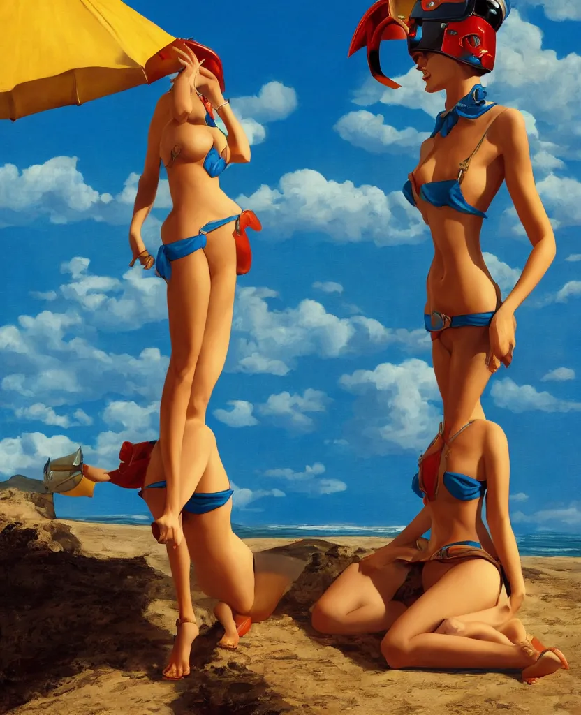 Image similar to pulp art, gil elvgren, 3d octane blender render. person relaxing on scenic beach wearing mandalorian helmet, blue sky, swimsuit.